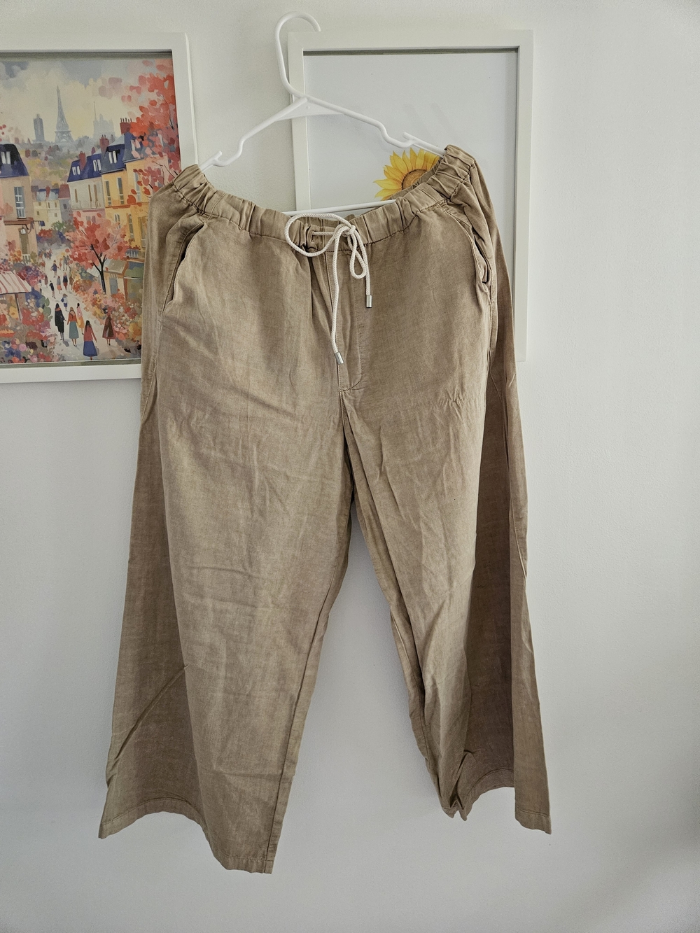 Beige Drawstring Linen Blend Pants